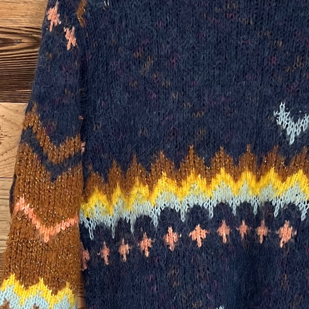 Free People Shimmering Cliffs Sweater Tunic Fair Isle Oversized Alpaca Navy Gold - Picture 5 of 6